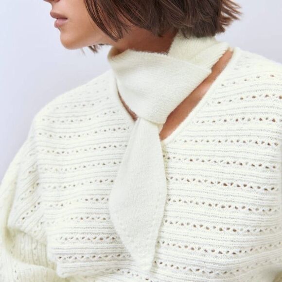 Zara NWT Bow Collar Knit Sweater White Cream Chunky Size S - Picture 15 of 15